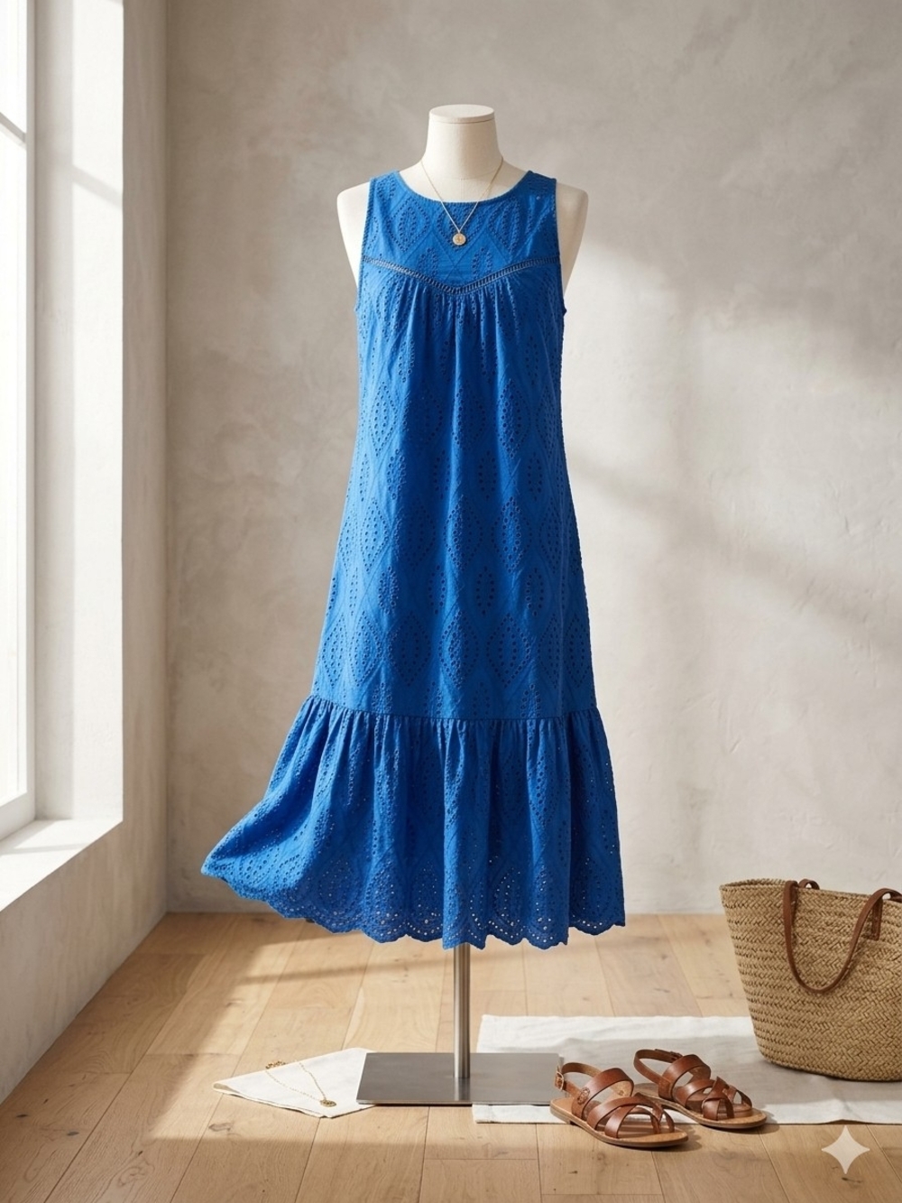 Sleeveless Eyelet Midi Dress in Cobalt Blue